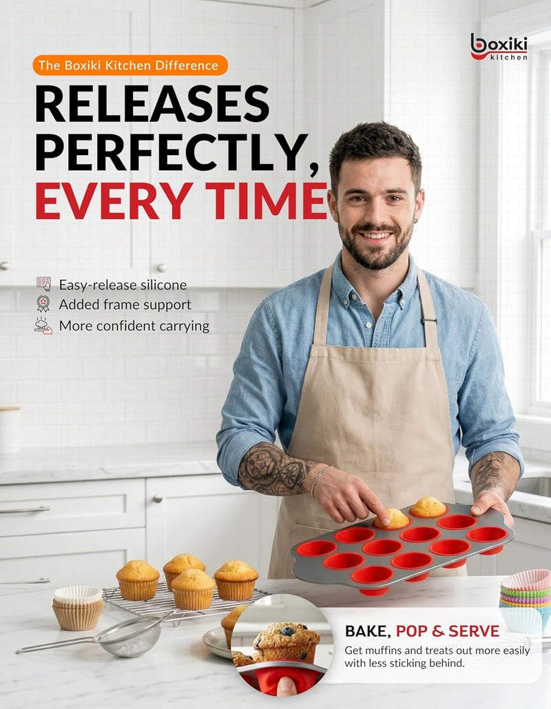 Boxiki Kitchen Non-Stick 12 Cup Silicone Muffin Pan With Steel Frame - BPA Free, Non-Toxic, Anti-Warp, Durable & Easy to Pop Silicone Muffin Tin - Perfect Cupcake Pan - Image 2