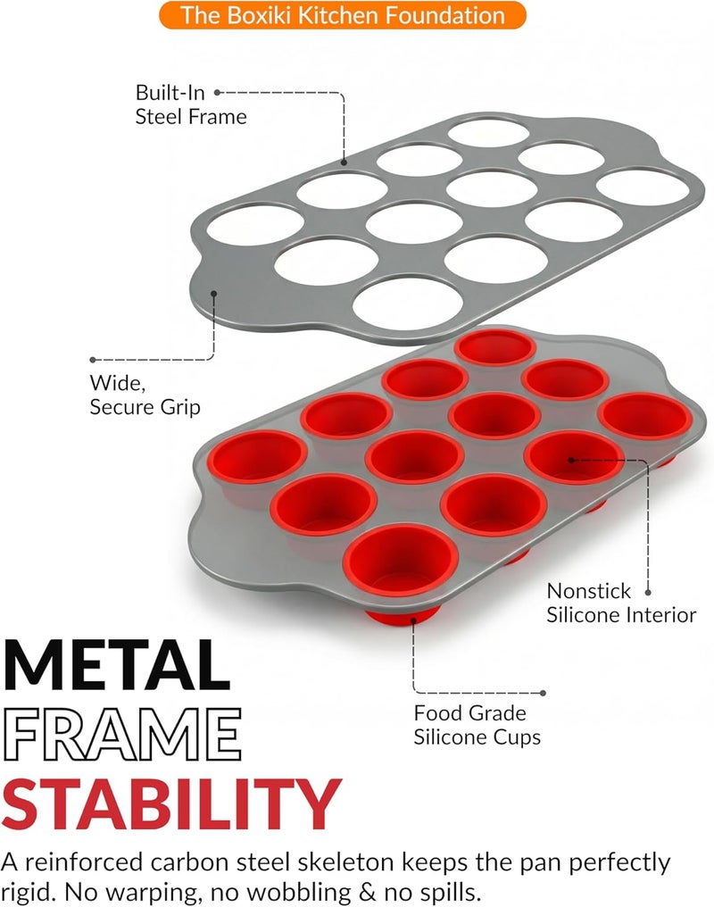 Boxiki Kitchen Non-Stick 12 Cup Silicone Muffin Pan With Steel Frame - BPA Free, Non-Toxic, Anti-Warp, Durable & Easy to Pop Silicone Muffin Tin - Perfect Cupcake Pan - Image 3