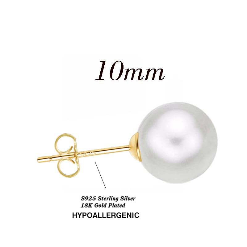 EFTKOY Pearl Earrings 18K Gold Plated Sterling Silver big Studs White Simulated Shell Large 10mm Pearl Earrings for Women - Image 2