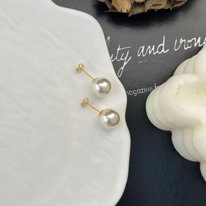 EFTKOY Pearl Earrings 18K Gold Plated Sterling Silver big Studs White Simulated Shell Large 10mm Pearl Earrings for Women - Image 5