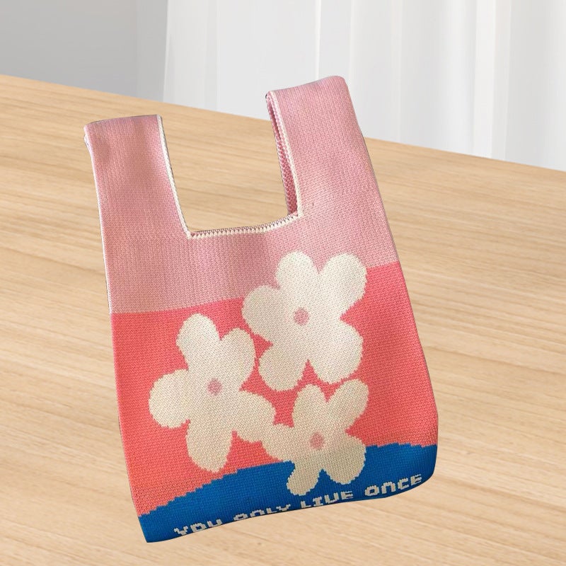 2025 Xipu Special Festive Wedding Gift Bag Special Hand Bag Vest Bag Sweet and Festive Knitted Bag 90g pink-three small flowers