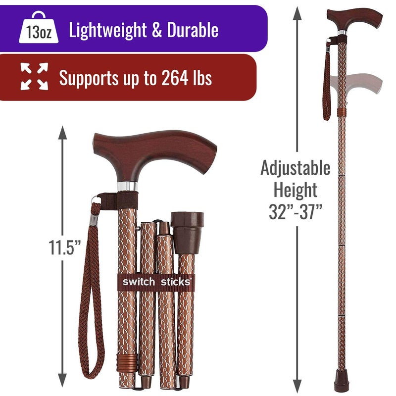 Switch Sticks Walking Cane for Men or Women, Foldable and Adjustable from 32-37 Inches, FSA and HSA Eligible, Engraved Cognac - Image 4