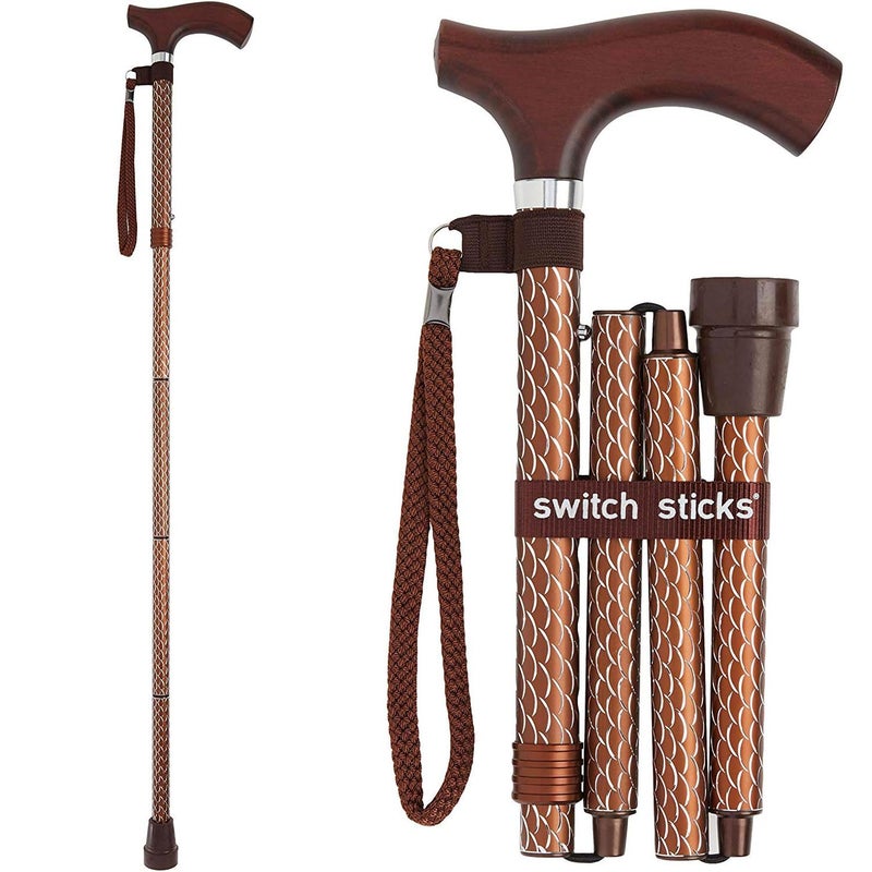 Switch Sticks Walking Cane for Men or Women, Foldable and Adjustable from 32-37 Inches, FSA and HSA Eligible, Engraved Cognac - Image 1