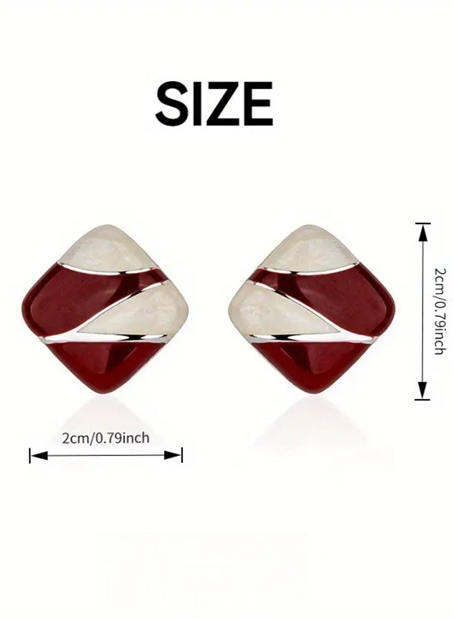 Ready For Chai Burgundy Square Stud Earrings with White & Green Enamel Drop - Geometric Retro Design, Unplated Metal Jewelry for Women, Versatile Everyday & Special Occasion Accessories, Fashion Accessories, Modern Appeal, Glossy Finish - Image 4