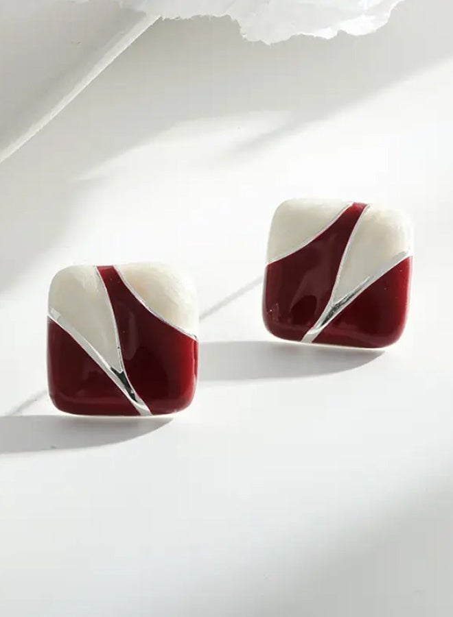 Ready For Chai Burgundy Square Stud Earrings with White & Green Enamel Drop - Geometric Retro Design, Unplated Metal Jewelry for Women, Versatile Everyday & Special Occasion Accessories, Fashion Accessories, Modern Appeal, Glossy Finish - Image 2