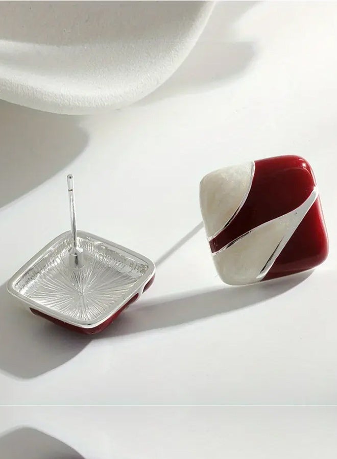 Ready For Chai Burgundy Square Stud Earrings with White & Green Enamel Drop - Geometric Retro Design, Unplated Metal Jewelry for Women, Versatile Everyday & Special Occasion Accessories, Fashion Accessories, Modern Appeal, Glossy Finish - Image 5