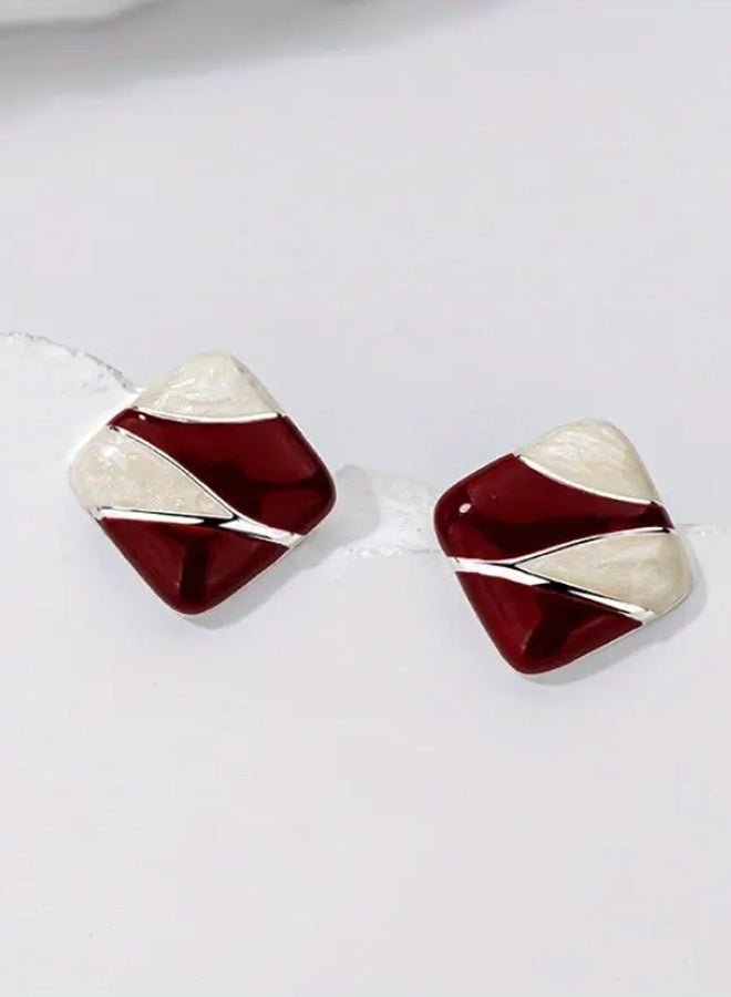 Ready For Chai Burgundy Square Stud Earrings with White & Green Enamel Drop - Geometric Retro Design, Unplated Metal Jewelry for Women, Versatile Everyday & Special Occasion Accessories, Fashion Accessories, Modern Appeal, Glossy Finish - Image 1