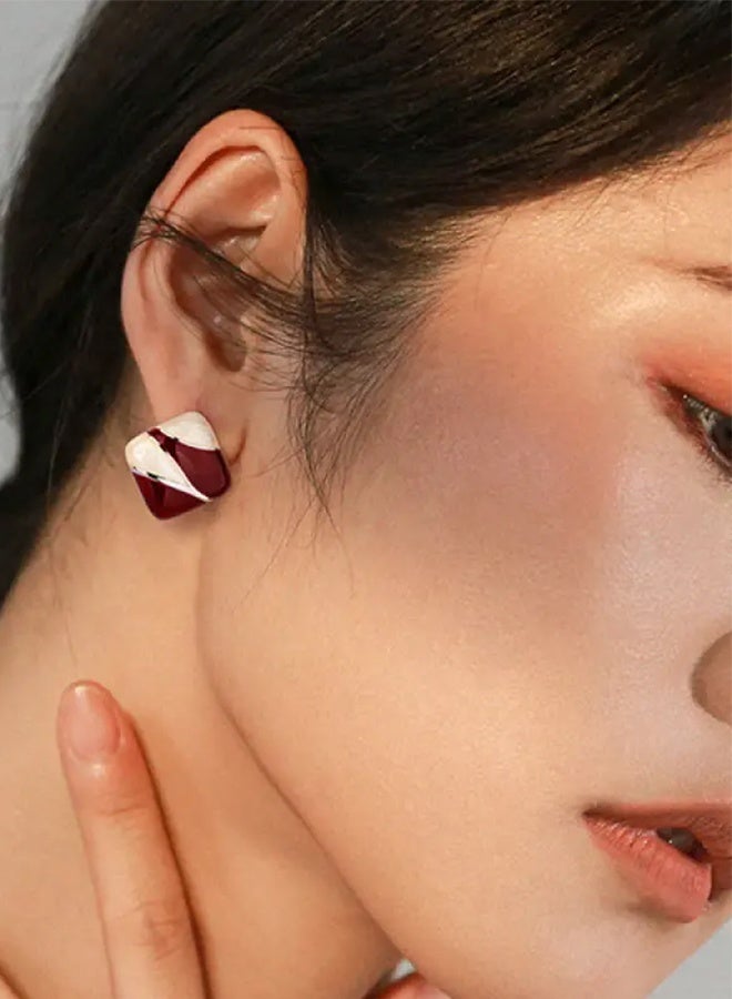 Ready For Chai Burgundy Square Stud Earrings with White & Green Enamel Drop - Geometric Retro Design, Unplated Metal Jewelry for Women, Versatile Everyday & Special Occasion Accessories, Fashion Accessories, Modern Appeal, Glossy Finish - Image 3