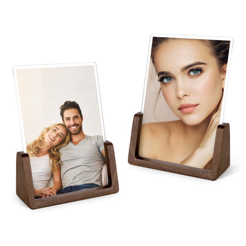 Mixoo Picture Frame 2 Pack  Rustic Wooden Photo Frames with Walnut Wood Base and High Definition Break Free Acrylic Glass Covers for Tabletop or Desktop Display 4x6 inch Vertical  Vertical