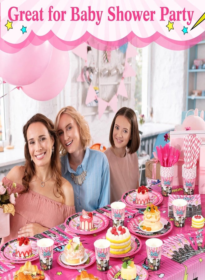 Funnymoom مجموعة زينة حفلات أعياد الميلاد من Funnymoom، 219 قطعة، بتصميم أبطال ورديين، تتضمن أطباقًا ومناديل وأكوابًا ومفارش طاولات وأدوات مائدة وماصات، للاستخدام مرة واحدة، مثالية لحفلات أعياد الميلاد وحفلات استقبال المولود الجديد، تكفي 24 شخصًا. - Image 4