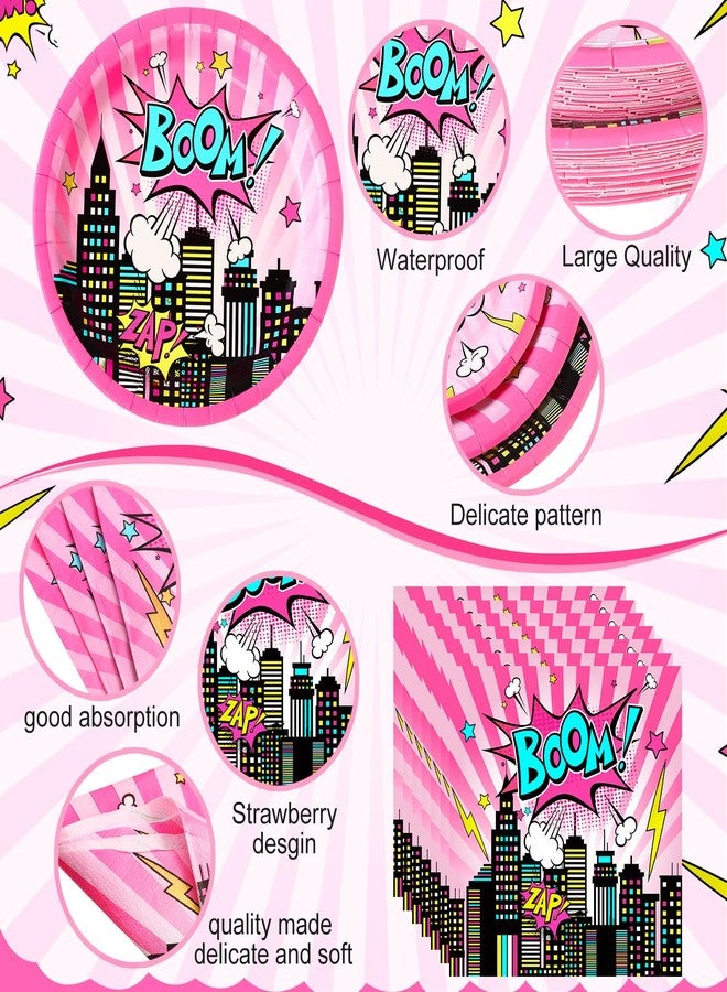 Funnymoom مجموعة زينة حفلات أعياد الميلاد من Funnymoom، 219 قطعة، بتصميم أبطال ورديين، تتضمن أطباقًا ومناديل وأكوابًا ومفارش طاولات وأدوات مائدة وماصات، للاستخدام مرة واحدة، مثالية لحفلات أعياد الميلاد وحفلات استقبال المولود الجديد، تكفي 24 شخصًا. - Image 3