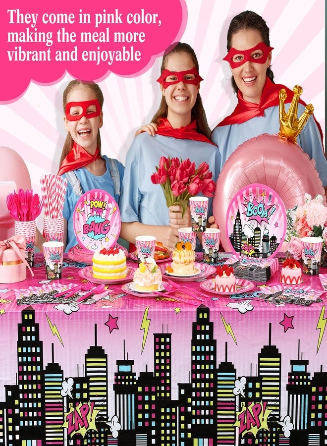 Funnymoom مجموعة زينة حفلات أعياد الميلاد من Funnymoom، 219 قطعة، بتصميم أبطال ورديين، تتضمن أطباقًا ومناديل وأكوابًا ومفارش طاولات وأدوات مائدة وماصات، للاستخدام مرة واحدة، مثالية لحفلات أعياد الميلاد وحفلات استقبال المولود الجديد، تكفي 24 شخصًا. - Image 5