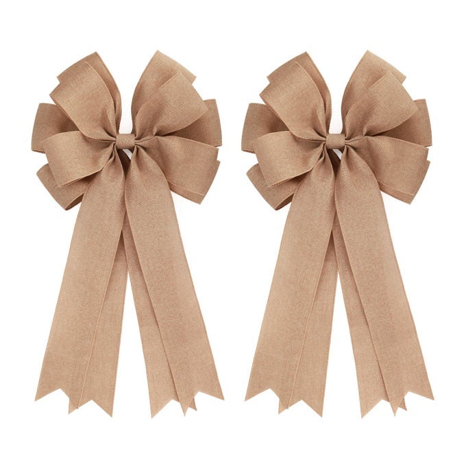 2 PCS 20 X 10 INCH LARGE BURLAP BOWS FARMHOUSE WREATHS JUTE BOW FOR GIFT WRAPPING TREE TOPPER FRONT DOOR HOME DECORATIONS