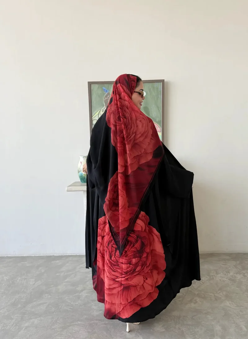 Lusin Abaya Black indian Silk Abaya with Red Rose Back Detail & Veil