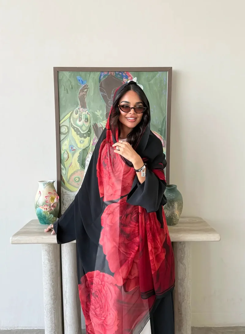 Lusin Abaya Black indian Silk Abaya with Red Rose Back Detail & Veil
