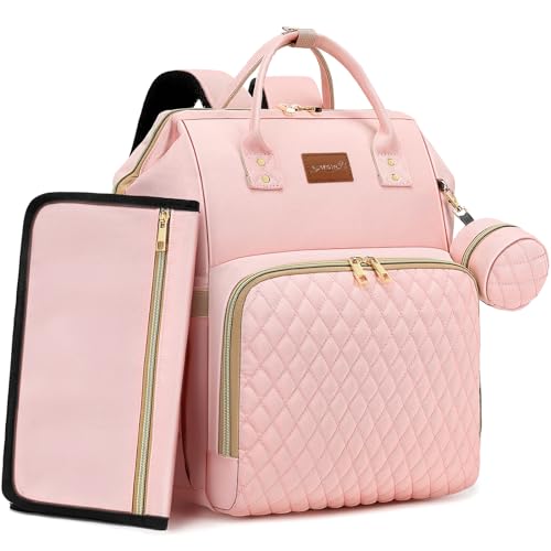 ROSEGIN Pink Diaper Bag Backpack for Baby Girls Baby Shower Gifts for Mom Quilted Diaper Bag with Changing Pad Pacifier Case Insulated Pockets Stroller Straps 35L Large Capacity Cute