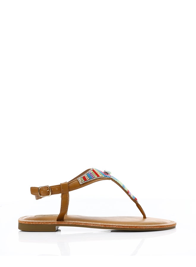 DejaVu Thonge Buckle Closure Embellished Sandals - Camel  - Image 1