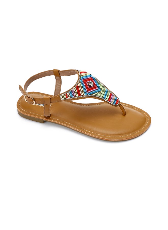 DejaVu Thonge Buckle Closure Embellished Sandals - Camel  - Image 5