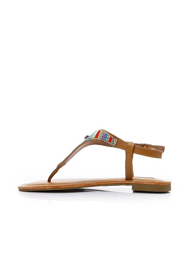 DejaVu Thonge Buckle Closure Embellished Sandals - Camel  - Image 3