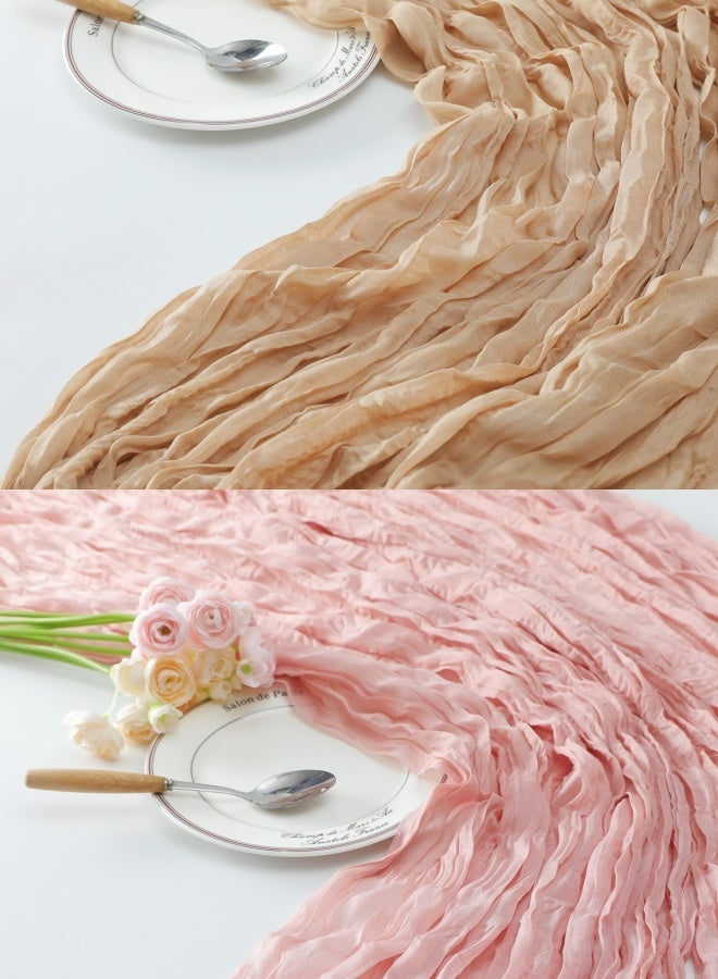 SUCITY 2PCS Table Runner 300*90cm Boho Table Decor Table Runner Rustic Sheer forWedding Baby Shower Birthday Party Cake Table Centerpieces Rustic Sheer Table Khaki and Pink - Image 1