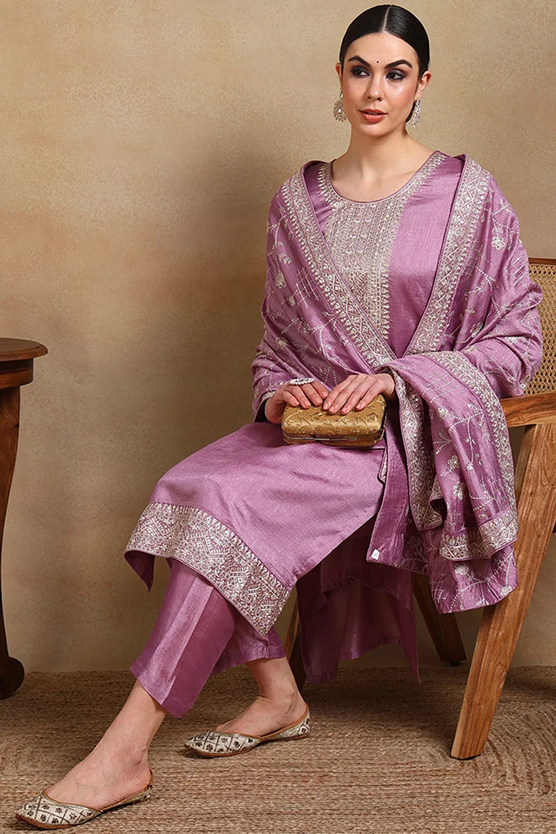 ZERESOUQ Lavender Silk Blend Machine Woven Straight Suit Set
