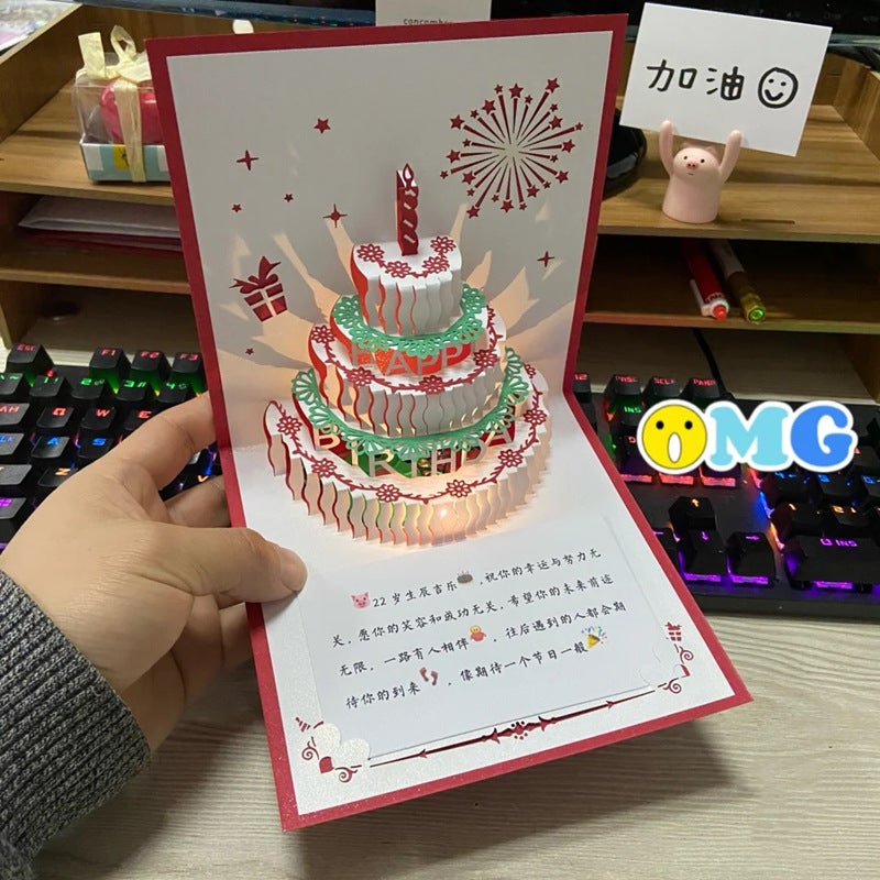 Birthday Greeting Card Music Light 3D Stereo Cake Recording Greeting Card Diy Handmade Gift Feeling Blessing Staff Card - Image 4