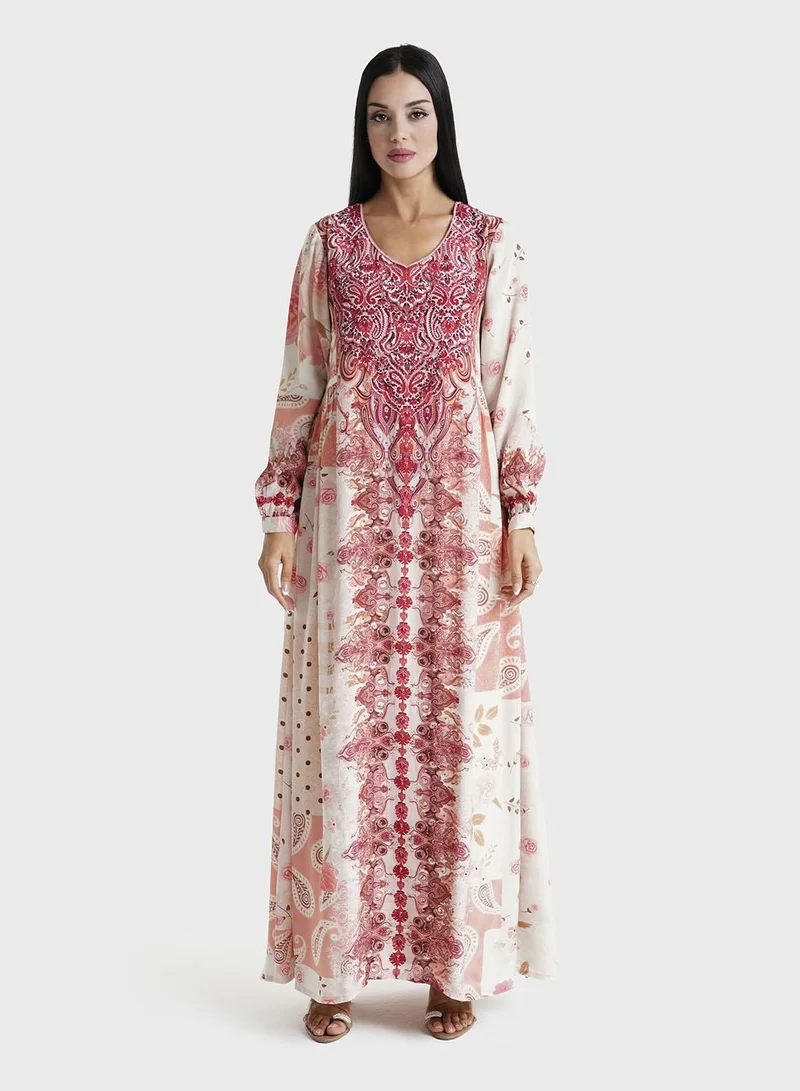 KASHKHA Rose Pink Paisley Printed Viscose Crepe Kuwaiti Jalabiya (VDU854)