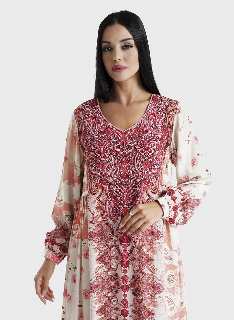 KASHKHA Rose Pink Paisley Printed Viscose Crepe Kuwaiti Jalabiya (VDU854)