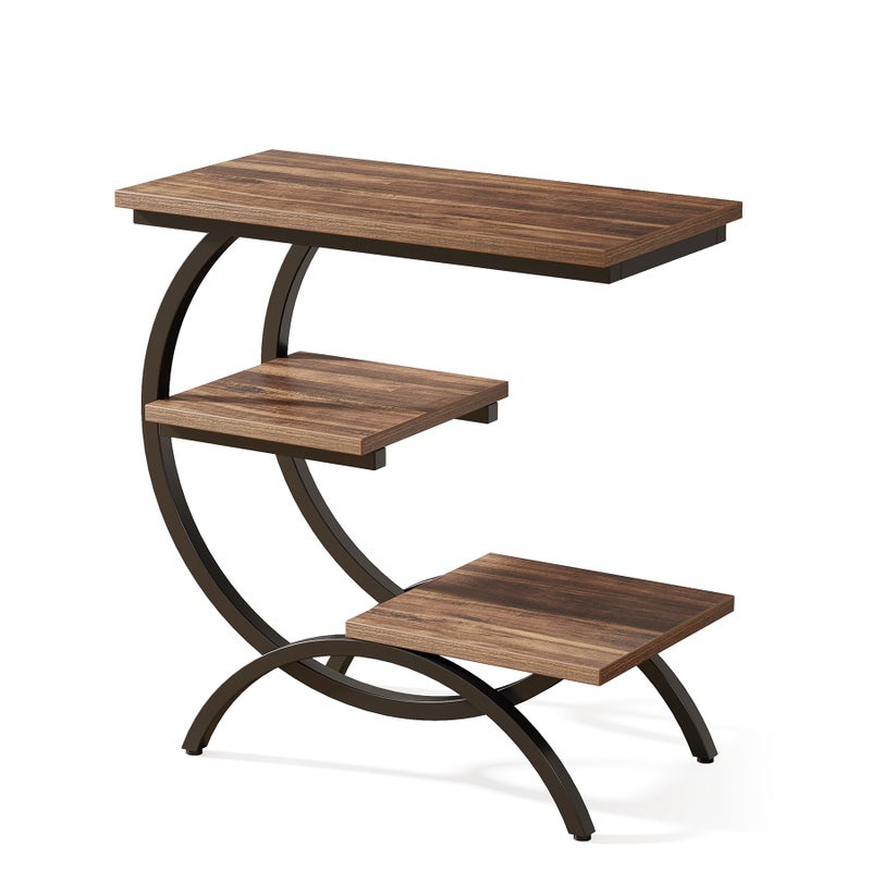 Tribesigns C-Shaped End Table, Industrial 3-Tier Small Side Table for Couch, Wood Bedside Table Snack Side Table with Storage Shelves for Living Room Small Space, Rustic Brown - Image 4