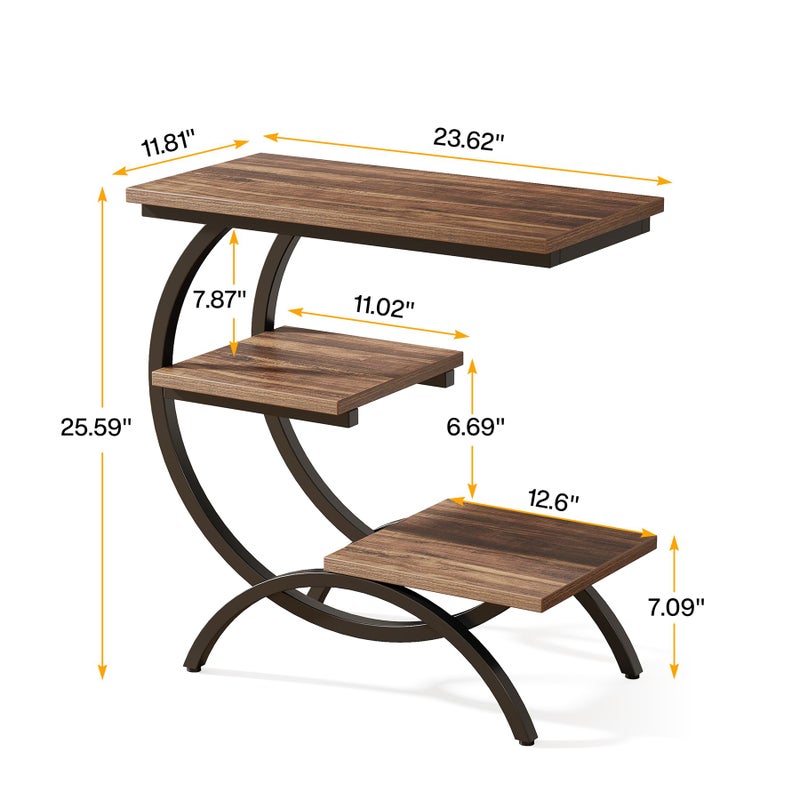 Tribesigns C-Shaped End Table, Industrial 3-Tier Small Side Table for Couch, Wood Bedside Table Snack Side Table with Storage Shelves for Living Room Small Space, Rustic Brown - Image 3