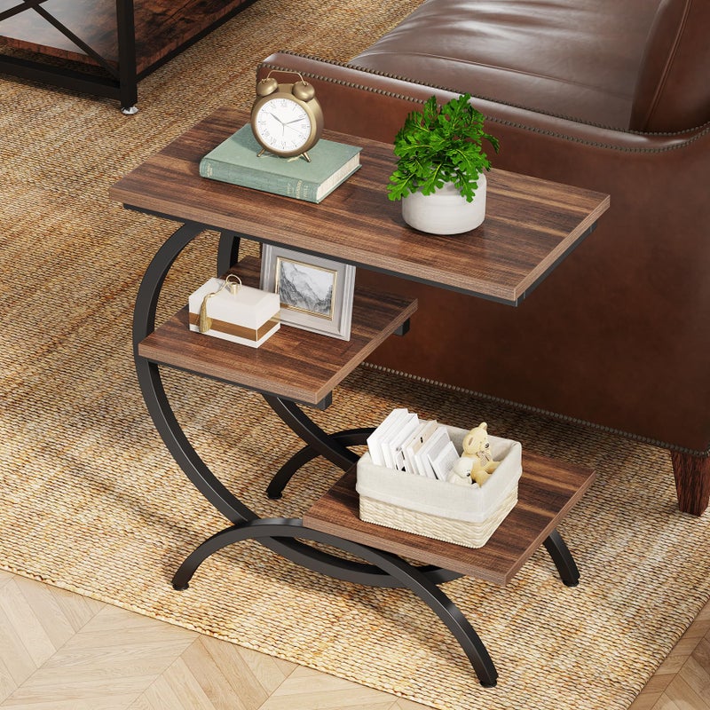 Tribesigns C-Shaped End Table, Industrial 3-Tier Small Side Table for Couch, Wood Bedside Table Snack Side Table with Storage Shelves for Living Room Small Space, Rustic Brown - Image 1