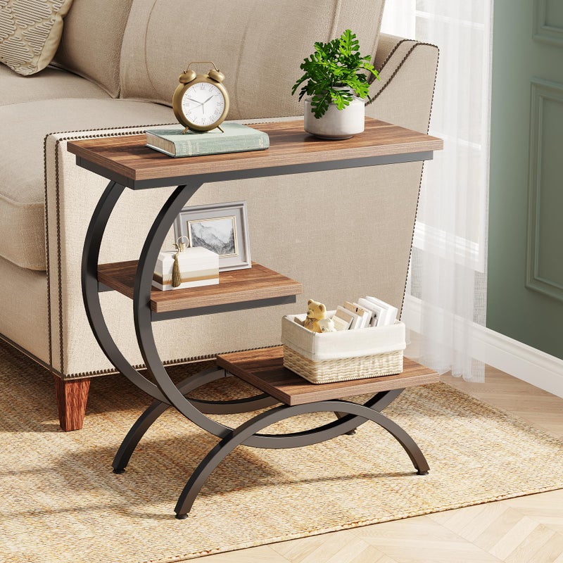 Tribesigns C-Shaped End Table, Industrial 3-Tier Small Side Table for Couch, Wood Bedside Table Snack Side Table with Storage Shelves for Living Room Small Space, Rustic Brown - Image 2