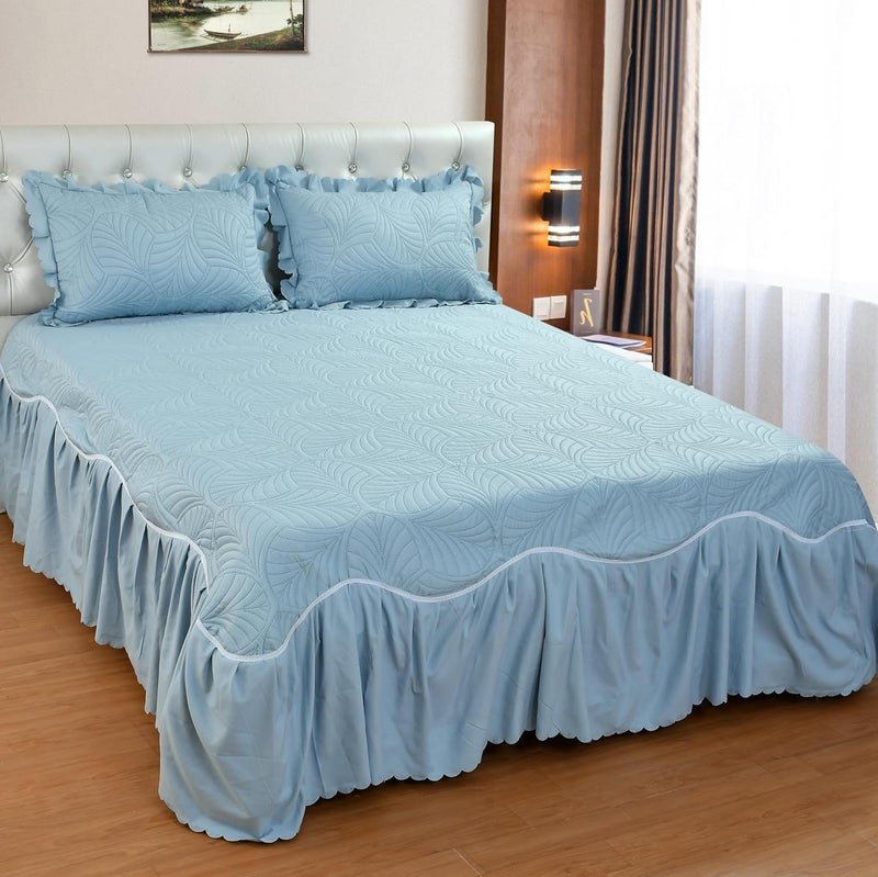 The Little Big Store The Little Big Store King Size Quilted Soft Bedsheet Cotton Feel Bedspread 350 GSM 72x78 Bed Cover with 2 Pillow Covers Bed Skirt with Ruffle Fringe Side Frills Ruffles Pleated Laces  - Image 1