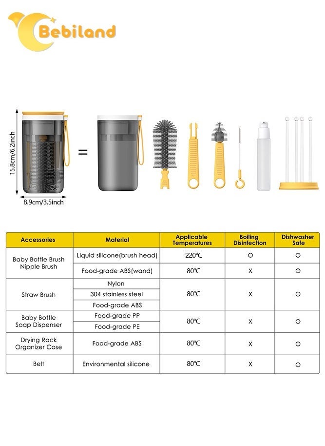 DOOKOO Baby Bottle Brush Set with Extendable Silicone Bottle Brush, Pacifier Brush, Drying Rack, Straw Cleaner Brush, Soap Dispenser, Suitable for Home, Travel, and Family Visits, Yellow - Image 2