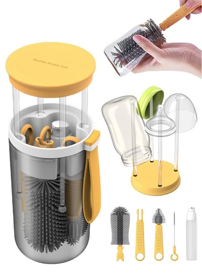 DOOKOO Baby Bottle Brush Set with Extendable Silicone Bottle Brush, Pacifier Brush, Drying Rack, Straw Cleaner Brush, Soap Dispenser, Suitable for Home, Travel, and Family Visits, Yellow - Image 1