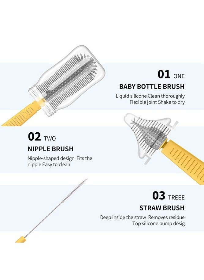 DOOKOO Baby Bottle Brush Set with Extendable Silicone Bottle Brush, Pacifier Brush, Drying Rack, Straw Cleaner Brush, Soap Dispenser, Suitable for Home, Travel, and Family Visits, Yellow - Image 3