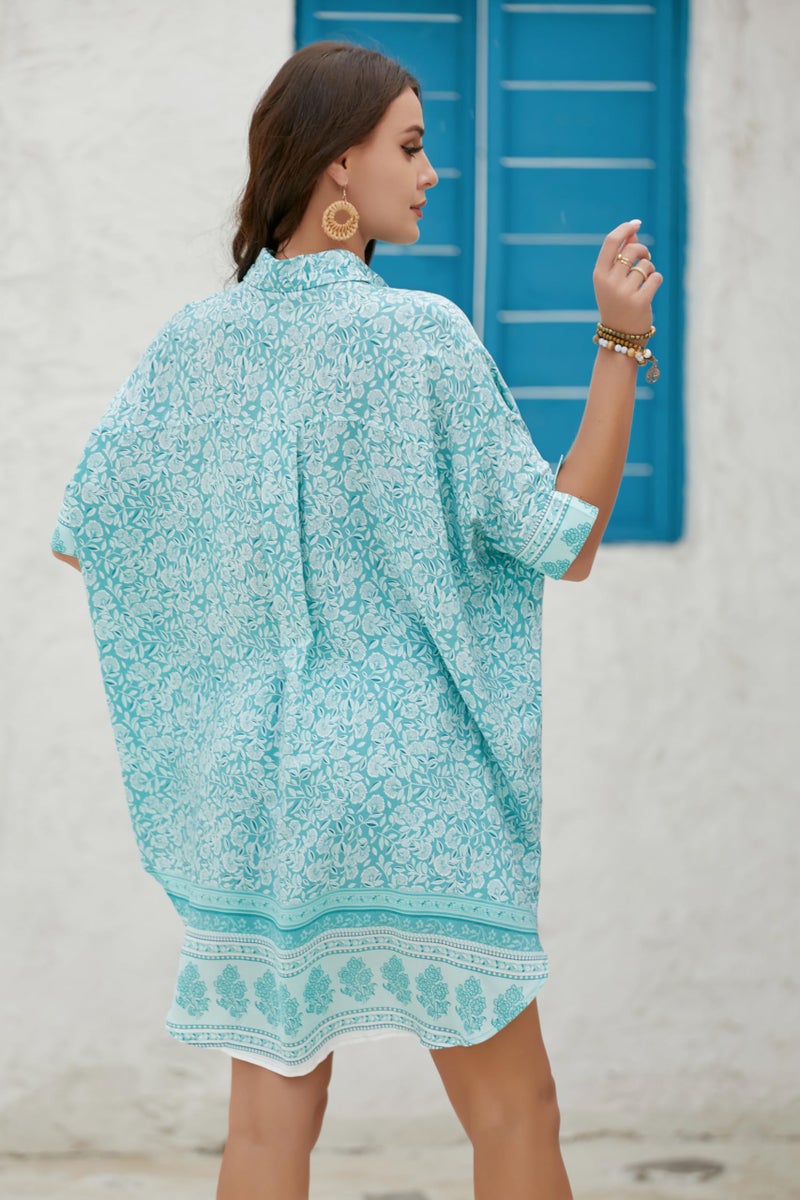 HECCPLI Women's Boho 2 Piece Outfit Floral Open Front Tropical Tunic Blouse and Shorts Set - Image 3