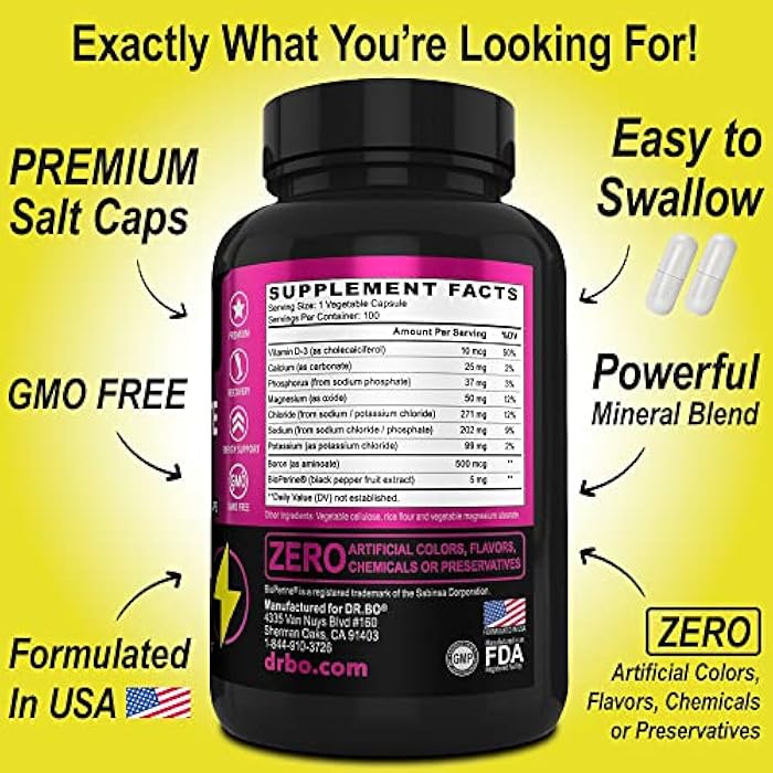 dr.bo Electrolyte Pills Supplement Salt Tablets - Electrolytes Capsules with Potassium, Magnesium, Sodium, Chloride, Calcium Replacement for Keto, Cramps & Rehydration Salts Supplements - 100 Hydration Caps - Image 4