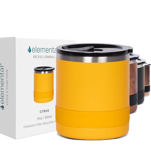 Elemental Recess Lowball Tumbler 10oz Triple Wall Stainless Steel Cup with NonShattered Tritan Lid Insulated Whiskey Glass Insulated Coffee Tumbler Mug for Hot Cold Drinks Citrus - Image 1