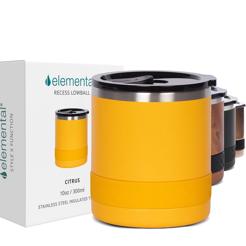 Elemental Recess Lowball Tumbler 10oz Triple Wall Stainless Steel Cup with NonShattered Tritan Lid Insulated Whiskey Glass Insulated Coffee Tumbler Mug for Hot Cold Drinks Citrus - Image 2