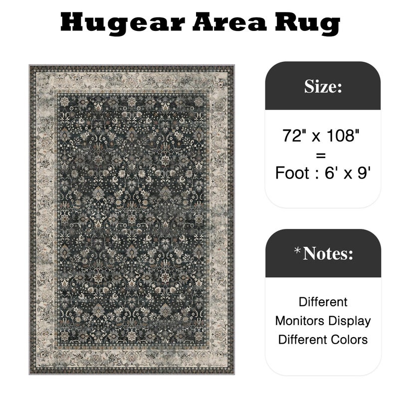 HUGEAR 6x9 Machine Washable Rugs Black Beige Hallway Large Area Rug Indoor Accent Rug Floral Low Pile Carpet Soft Throw Aesthetic Rug Bedroom Living Room Office Dining Room Laundry Room - Image 2