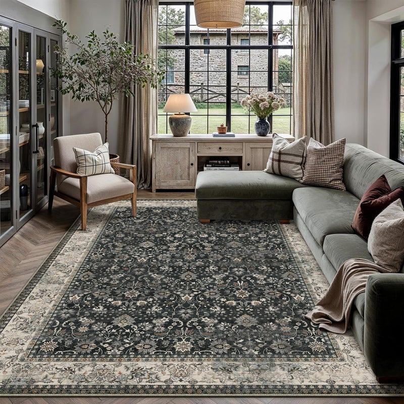 HUGEAR 6x9 Machine Washable Rugs Black Beige Hallway Large Area Rug Indoor Accent Rug Floral Low Pile Carpet Soft Throw Aesthetic Rug Bedroom Living Room Office Dining Room Laundry Room - Image 1