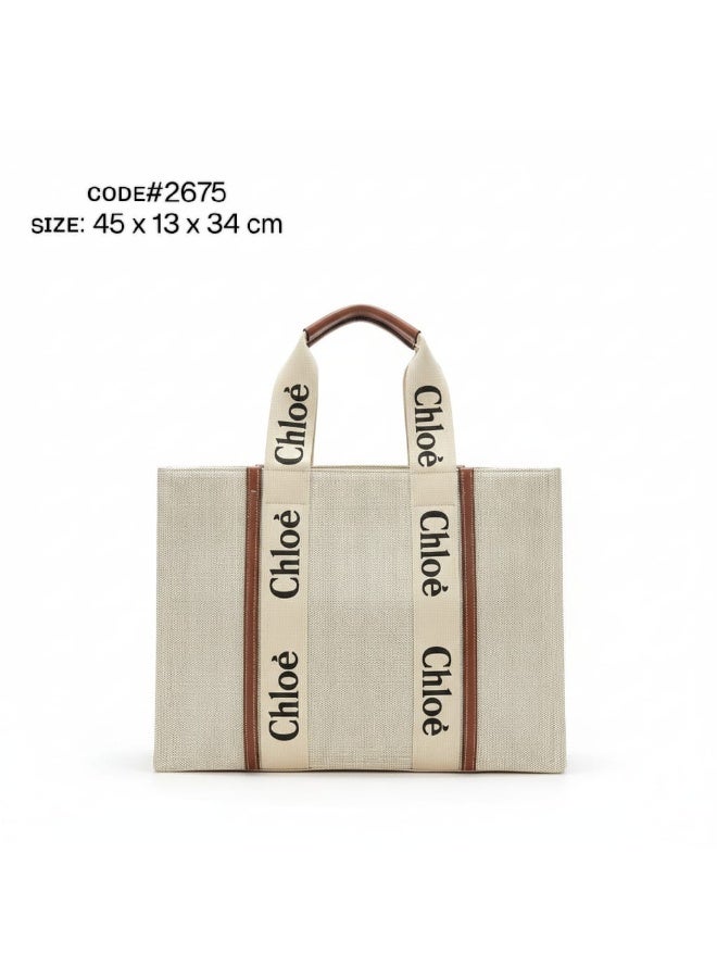 Chloe Woody LARGE Women Tote Bag in Linen, Women Shoulder Bag, Women Hand Bag, Women's Travel Bag, Women's Shopping Bag, White-Brown - Image 1