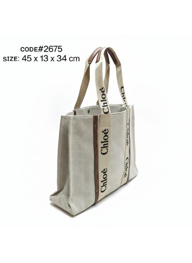 Chloe Woody LARGE Women Tote Bag in Linen, Women Shoulder Bag, Women Hand Bag, Women's Travel Bag, Women's Shopping Bag, White-Brown - Image 3