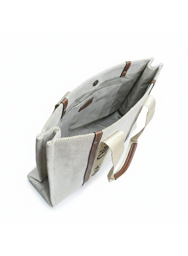 Chloe Woody LARGE Women Tote Bag in Linen, Women Shoulder Bag, Women Hand Bag, Women's Travel Bag, Women's Shopping Bag, White-Brown - Image 5