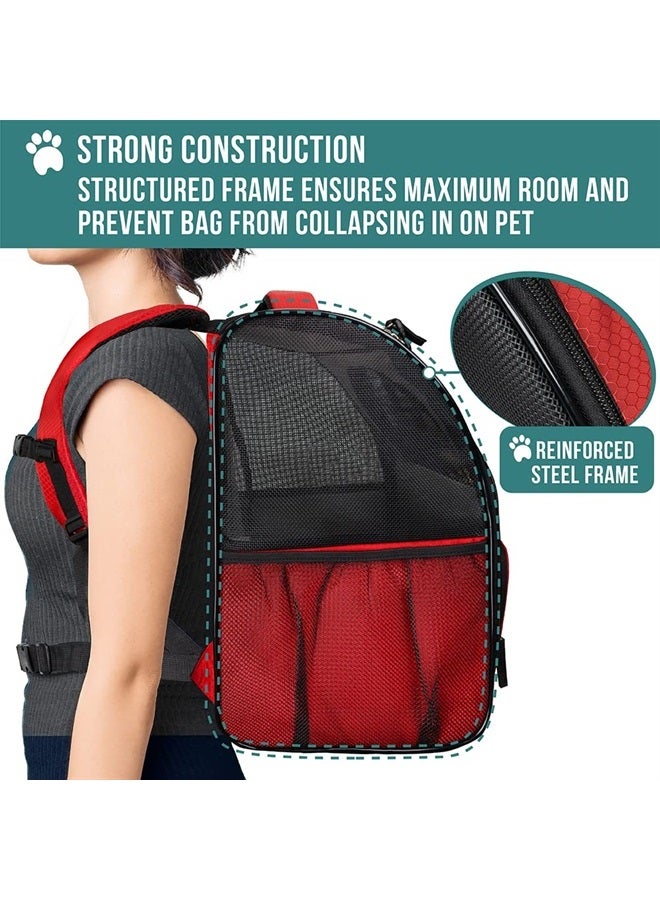 PetAmi Deluxe Pet Carrier Backpack for Small Cats and Dogs, Puppies | Ventilated Design, Two-Sided Entry, Safety Features and Cushion Back Support | for Travel, Hiking, Outdoor Use (Red)
