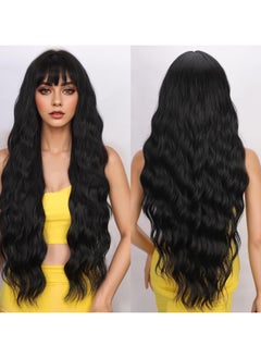 SANMUGEED Long Curly Wavy Wig with Bangs Black Wigs for Women 26 Inch Curly Wigs Natural Looking Synthetic Heat Resistant Fiber Wigs for Daily Party Use  - Image 1