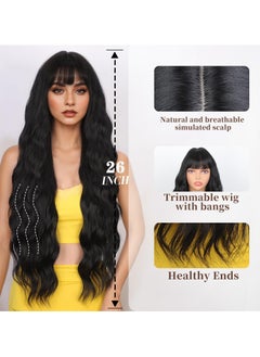 SANMUGEED Long Curly Wavy Wig with Bangs Black Wigs for Women 26 Inch Curly Wigs Natural Looking Synthetic Heat Resistant Fiber Wigs for Daily Party Use  - Image 2