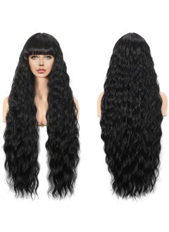 SANMUGEED Long Curly Wavy Wig with Bangs Black Wigs for Women 26 Inch Curly Wigs Natural Looking Synthetic Heat Resistant Fiber Wigs for Daily Party Use  - Image 3