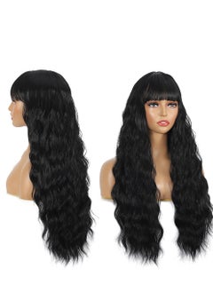 SANMUGEED Long Curly Wavy Wig with Bangs Black Wigs for Women 26 Inch Curly Wigs Natural Looking Synthetic Heat Resistant Fiber Wigs for Daily Party Use  - Image 4